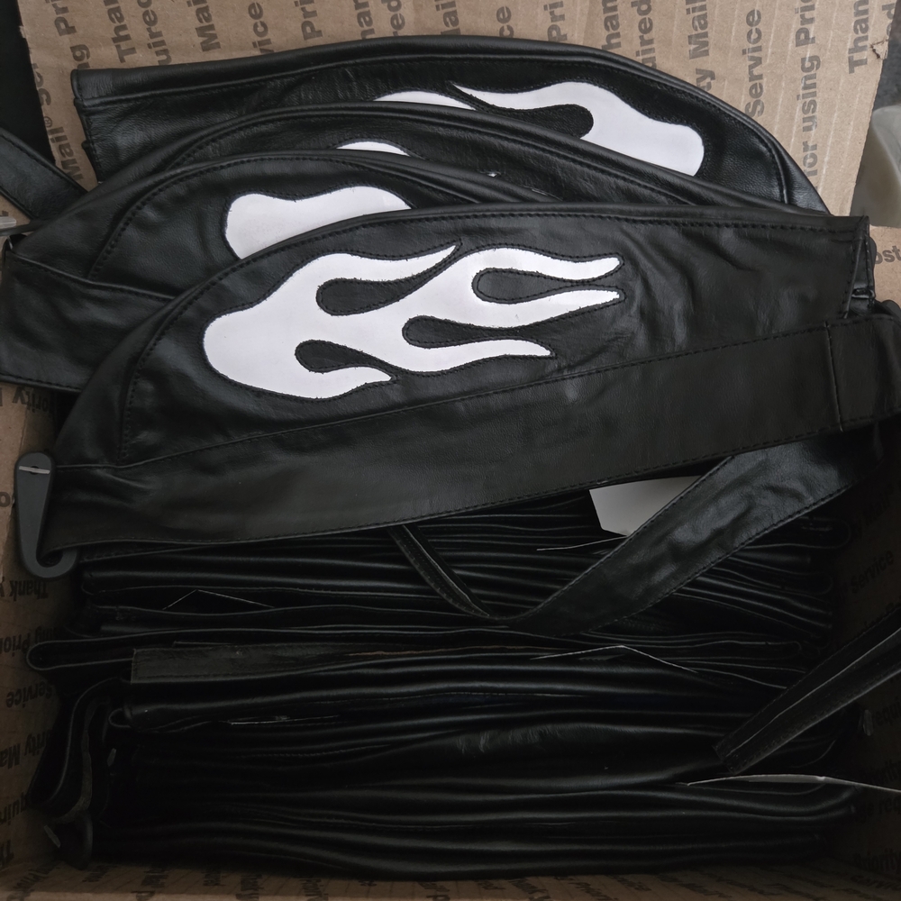Black Leather Bikers Shield Headwrap with White Flame Design